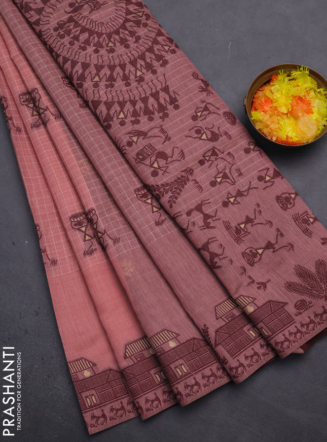 Munga cotton saree peach shade and deep maroon with allover checked pattern & thread buttas and warli design weaving pallu