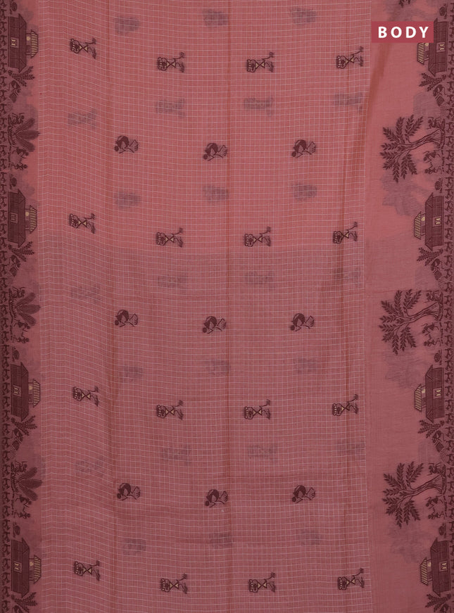 Munga cotton saree peach shade and deep maroon with allover checked pattern & thread buttas and warli design weaving pallu