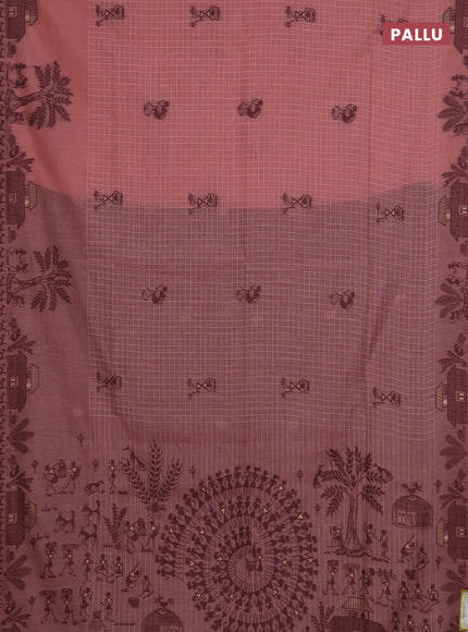 Munga cotton saree peach shade and deep maroon with allover checked pattern & thread buttas and warli design weaving pallu