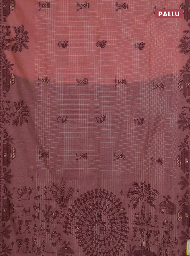 Munga cotton saree peach shade and deep maroon with allover checked pattern & thread buttas and warli design weaving pallu