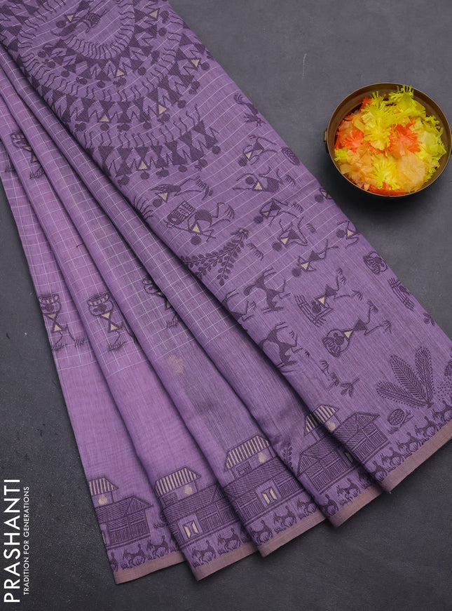 Munga cotton saree lavender and deep jamun with allover checked pattern & thread buttas and warli design weaving pallu