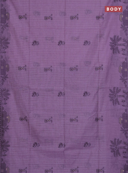Munga cotton saree lavender and deep jamun with allover checked pattern & thread buttas and warli design weaving pallu