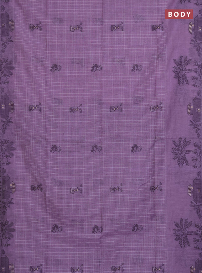 Munga cotton saree lavender and deep jamun with allover checked pattern & thread buttas and warli design weaving pallu