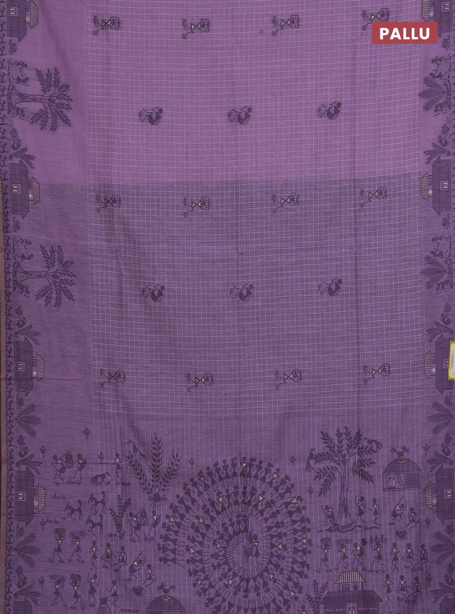 Munga cotton saree lavender and deep jamun with allover checked pattern & thread buttas and warli design weaving pallu