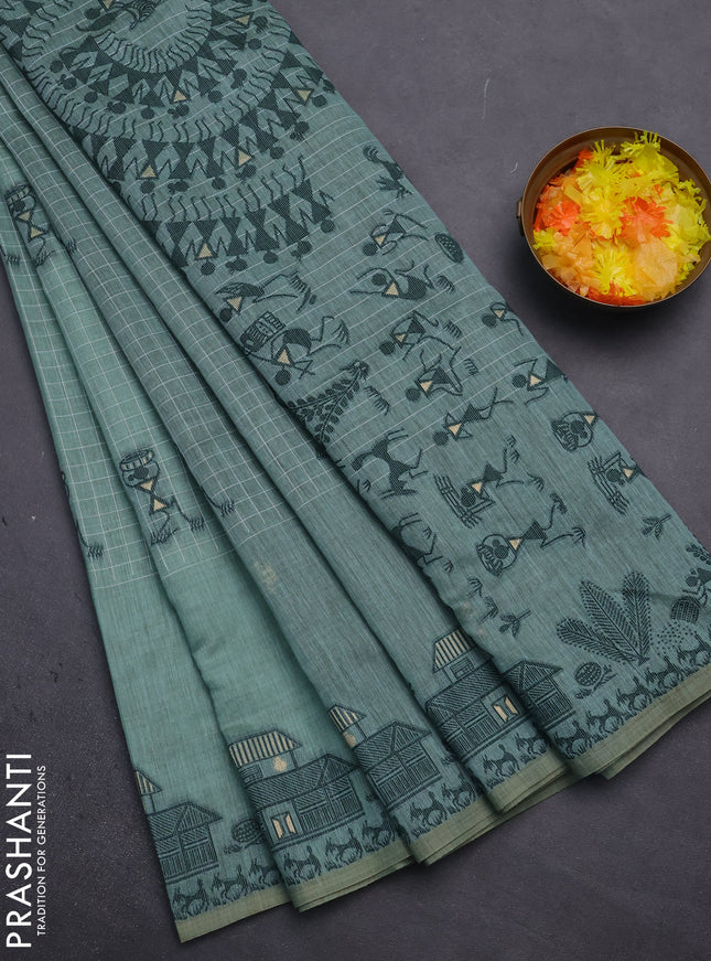 Munga cotton saree teal blue and bottle green with allover checked pattern & thread buttas and warli design weaving pallu