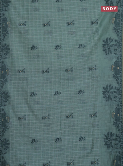 Munga cotton saree teal blue and bottle green with allover checked pattern & thread buttas and warli design weaving pallu