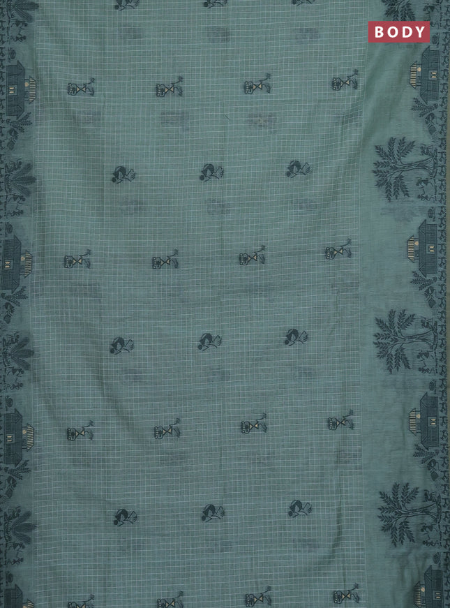 Munga cotton saree teal blue and bottle green with allover checked pattern & thread buttas and warli design weaving pallu
