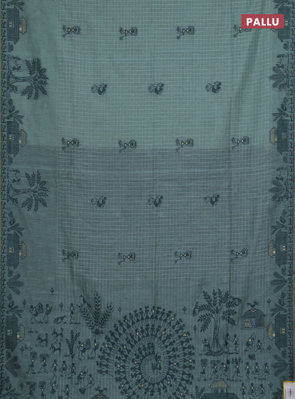 Munga cotton saree teal blue and bottle green with allover checked pattern & thread buttas and warli design weaving pallu