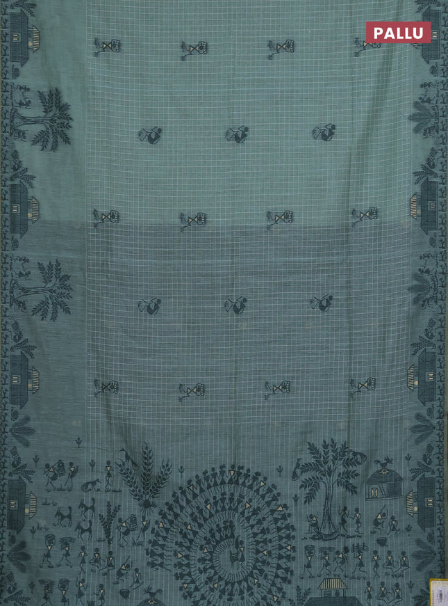 Munga cotton saree teal blue and bottle green with allover checked pattern & thread buttas and warli design weaving pallu