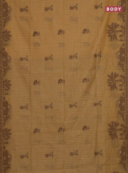 Munga cotton saree sandal and brown with allover checked pattern & thread buttas and warli design weaving pallu
