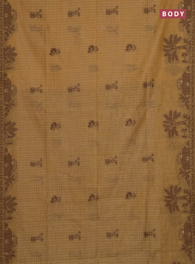 Munga cotton saree sandal and brown with allover checked pattern & thread buttas and warli design weaving pallu