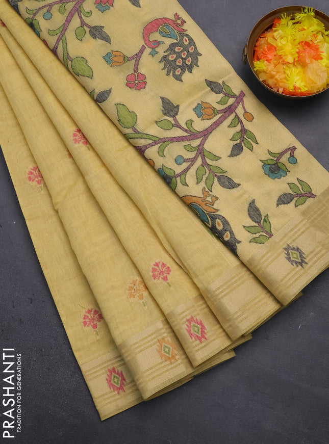Munga cotton saree yellow with thread woven floral buttas and zari woven paithani design pallu