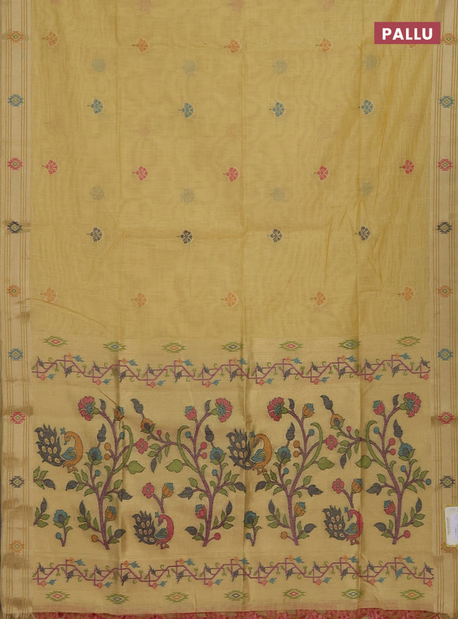 Munga cotton saree yellow with thread woven floral buttas and zari woven paithani design pallu
