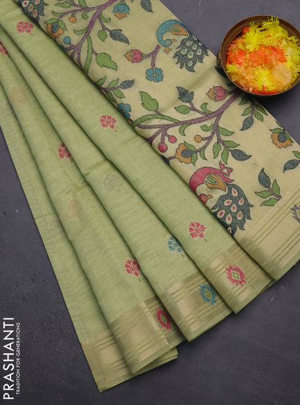 Munga cotton saree pista green with thread woven floral buttas and zari woven paithani design pallu