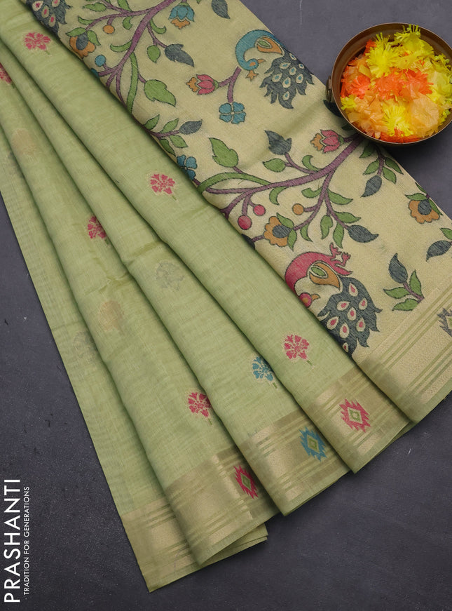 Munga cotton saree pista green with thread woven floral buttas and zari woven paithani design pallu