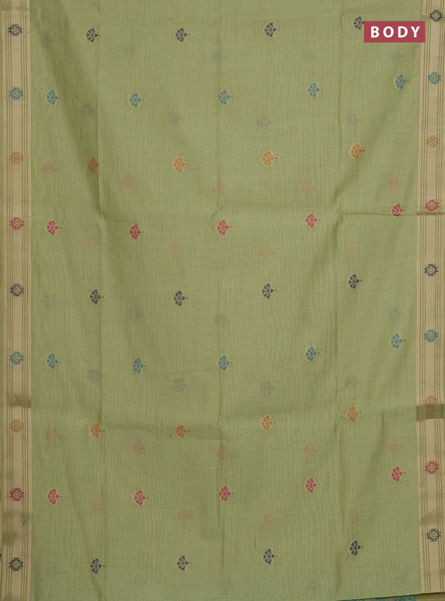 Munga cotton saree pista green with thread woven floral buttas and zari woven paithani design pallu