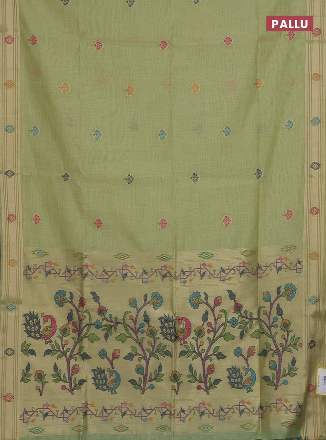 Munga cotton saree pista green with thread woven floral buttas and zari woven paithani design pallu