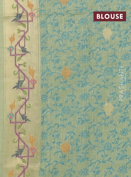 Munga cotton saree pista green with thread woven floral buttas and zari woven paithani design pallu