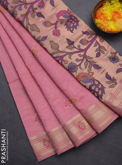 Munga cotton saree peach pink with thread woven floral buttas and zari woven paithani design pallu