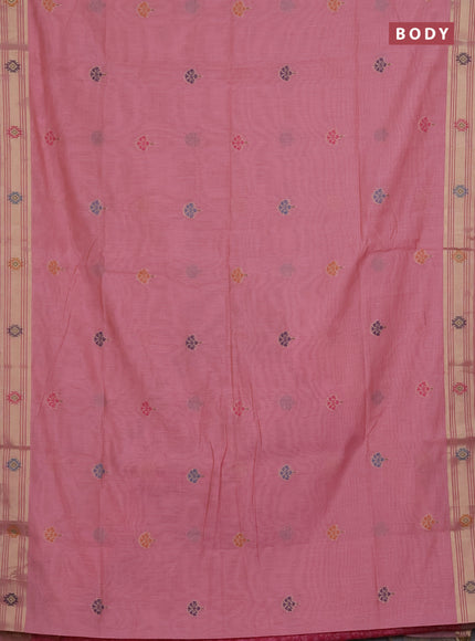 Munga cotton saree peach pink with thread woven floral buttas and zari woven paithani design pallu
