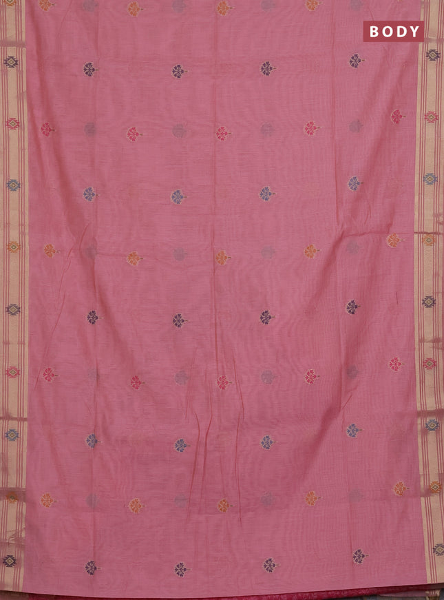 Munga cotton saree peach pink with thread woven floral buttas and zari woven paithani design pallu