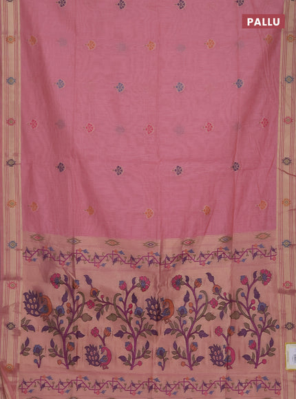 Munga cotton saree peach pink with thread woven floral buttas and zari woven paithani design pallu