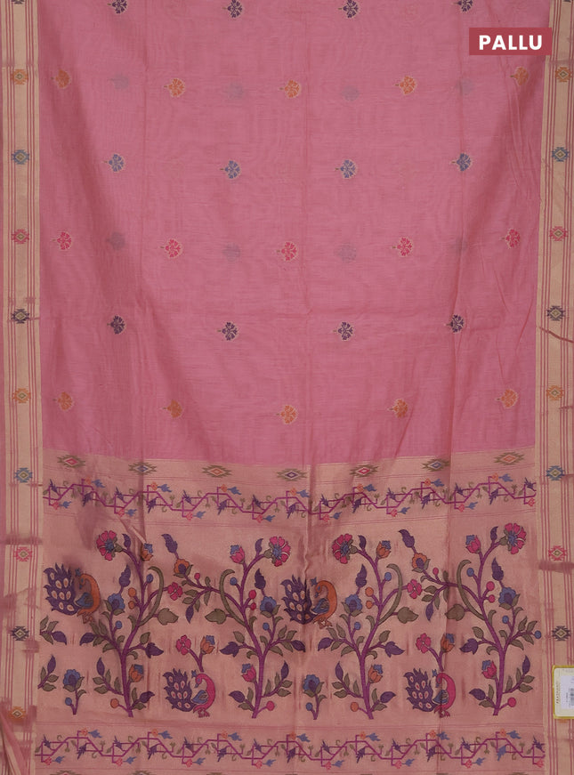 Munga cotton saree peach pink with thread woven floral buttas and zari woven paithani design pallu