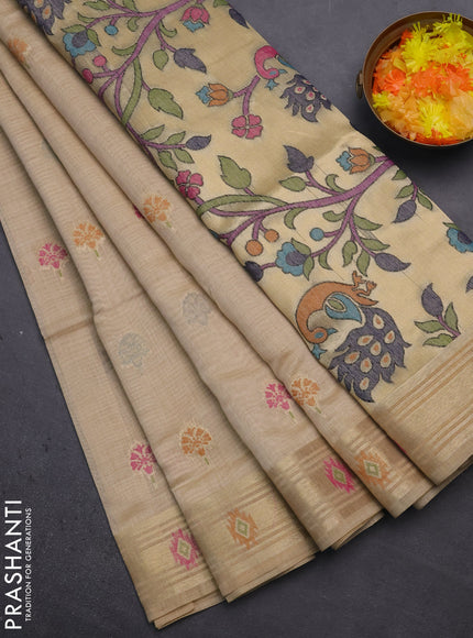 Munga cotton saree sandal with thread woven floral buttas and zari woven paithani design pallu