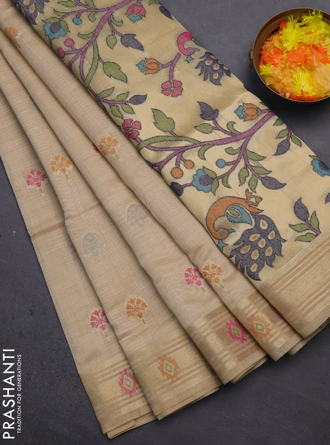 Munga cotton saree sandal with thread woven floral buttas and zari woven paithani design pallu