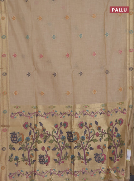 Munga cotton saree sandal with thread woven floral buttas and zari woven paithani design pallu