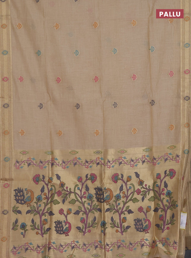 Munga cotton saree sandal with thread woven floral buttas and zari woven paithani design pallu