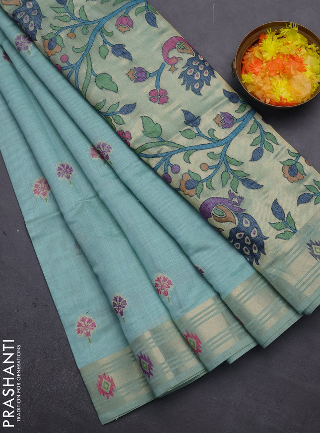Munga cotton saree teal shade with thread woven floral buttas and zari woven paithani design pallu