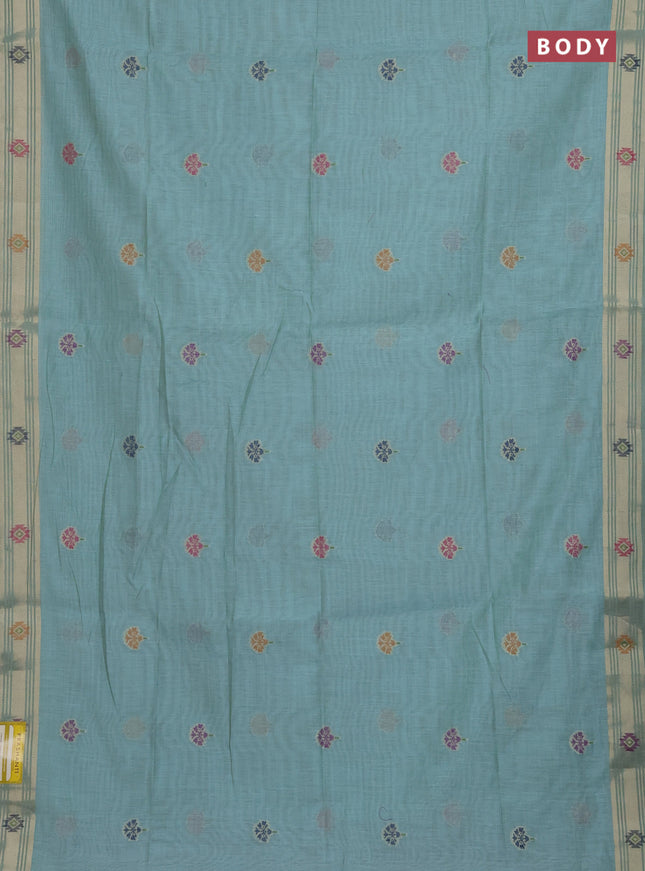 Munga cotton saree teal shade with thread woven floral buttas and zari woven paithani design pallu