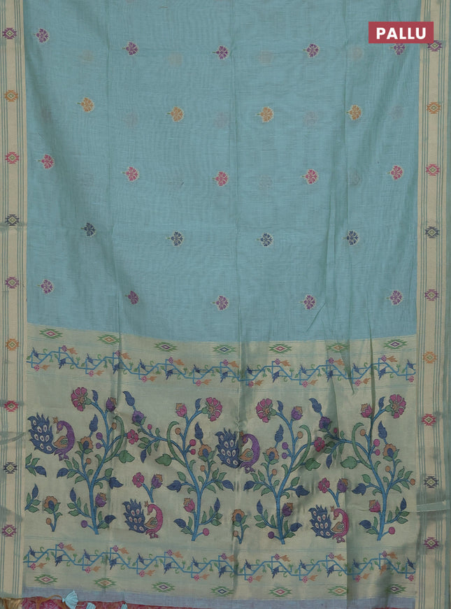 Munga cotton saree teal shade with thread woven floral buttas and zari woven paithani design pallu