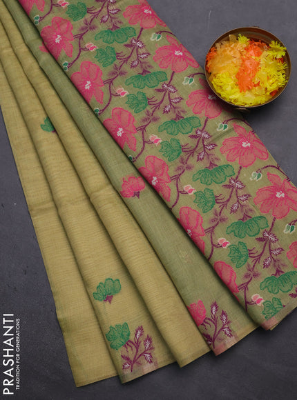 Munga cotton tissue saree pista green and green with thread woven floral buttas and floral design weaving pallu