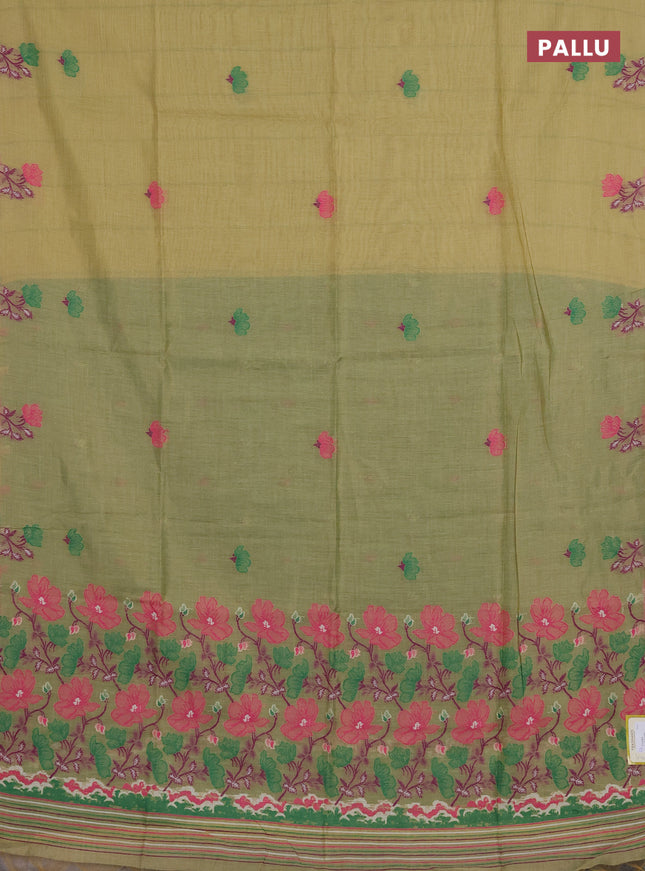 Munga cotton tissue saree pista green and green with thread woven floral buttas and floral design weaving pallu