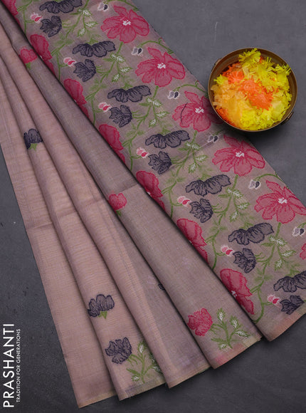 Munga cotton tissue saree pastel lavender and navy blue with thread woven floral buttas and floral design weaving pallu