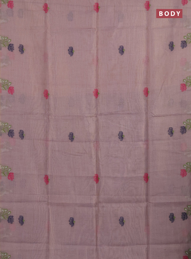 Munga cotton tissue saree pastel lavender and navy blue with thread woven floral buttas and floral design weaving pallu