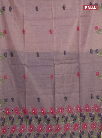 Munga cotton tissue saree pastel lavender and navy blue with thread woven floral buttas and floral design weaving pallu