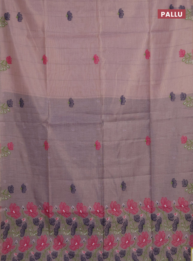 Munga cotton tissue saree pastel lavender and navy blue with thread woven floral buttas and floral design weaving pallu