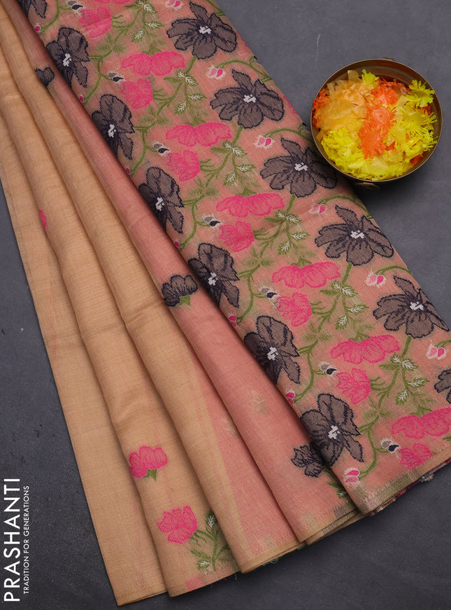 Munga cotton tissue saree sandal and pink with thread woven floral buttas and floral design weaving pallu