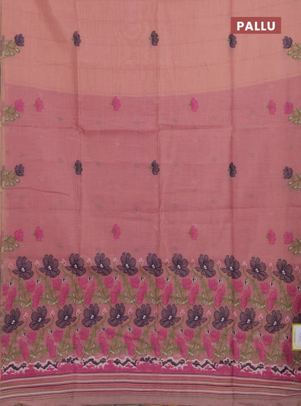 Munga cotton tissue saree sandal and pink with thread woven floral buttas and floral design weaving pallu