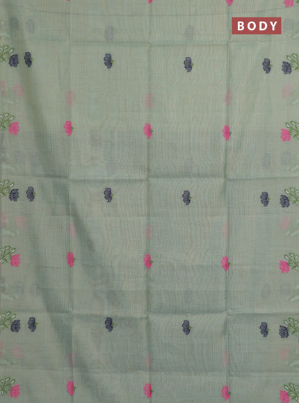 Munga cotton tissue saree pastel green and navy blue with thread woven floral buttas and floral design weaving pallu