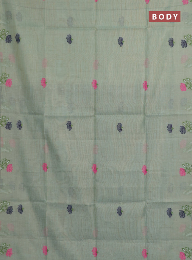 Munga cotton tissue saree pastel green and navy blue with thread woven floral buttas and floral design weaving pallu