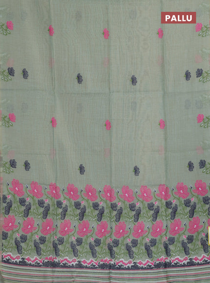Munga cotton tissue saree pastel green and navy blue with thread woven floral buttas and floral design weaving pallu