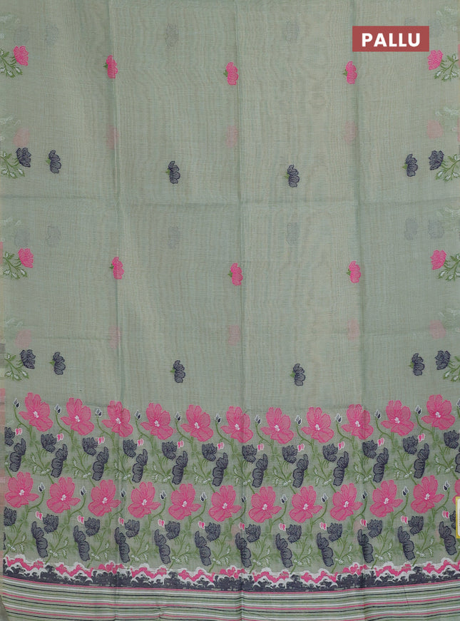 Munga cotton tissue saree pastel green and navy blue with thread woven floral buttas and floral design weaving pallu