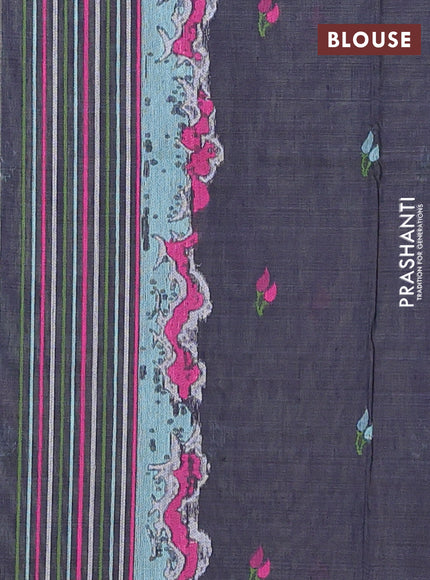 Munga cotton tissue saree pastel green and navy blue with thread woven floral buttas and floral design weaving pallu