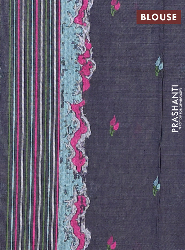 Munga cotton tissue saree pastel green and navy blue with thread woven floral buttas and floral design weaving pallu