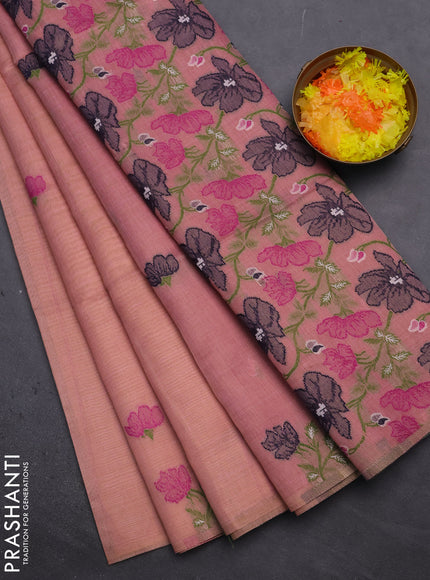 Munga cotton tissue saree peach shade and magenta pink with thread woven floral buttas and floral design weaving pallu