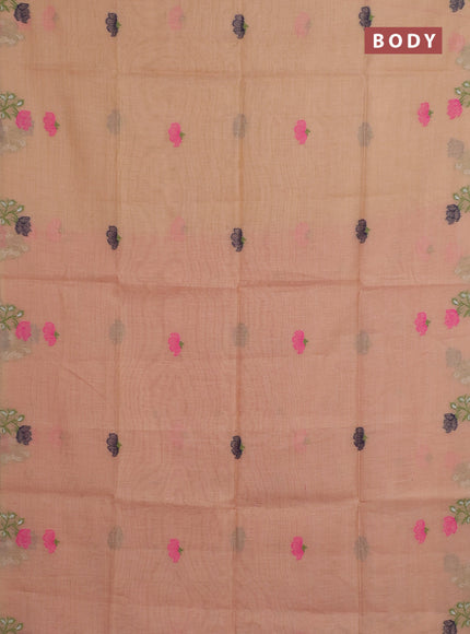 Munga cotton tissue saree peach shade and magenta pink with thread woven floral buttas and floral design weaving pallu